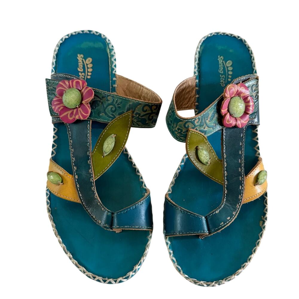 Teal Genuine Leather Floral Design Chunky Sandal Sz 40/9 Art to Wear Whimsiacal